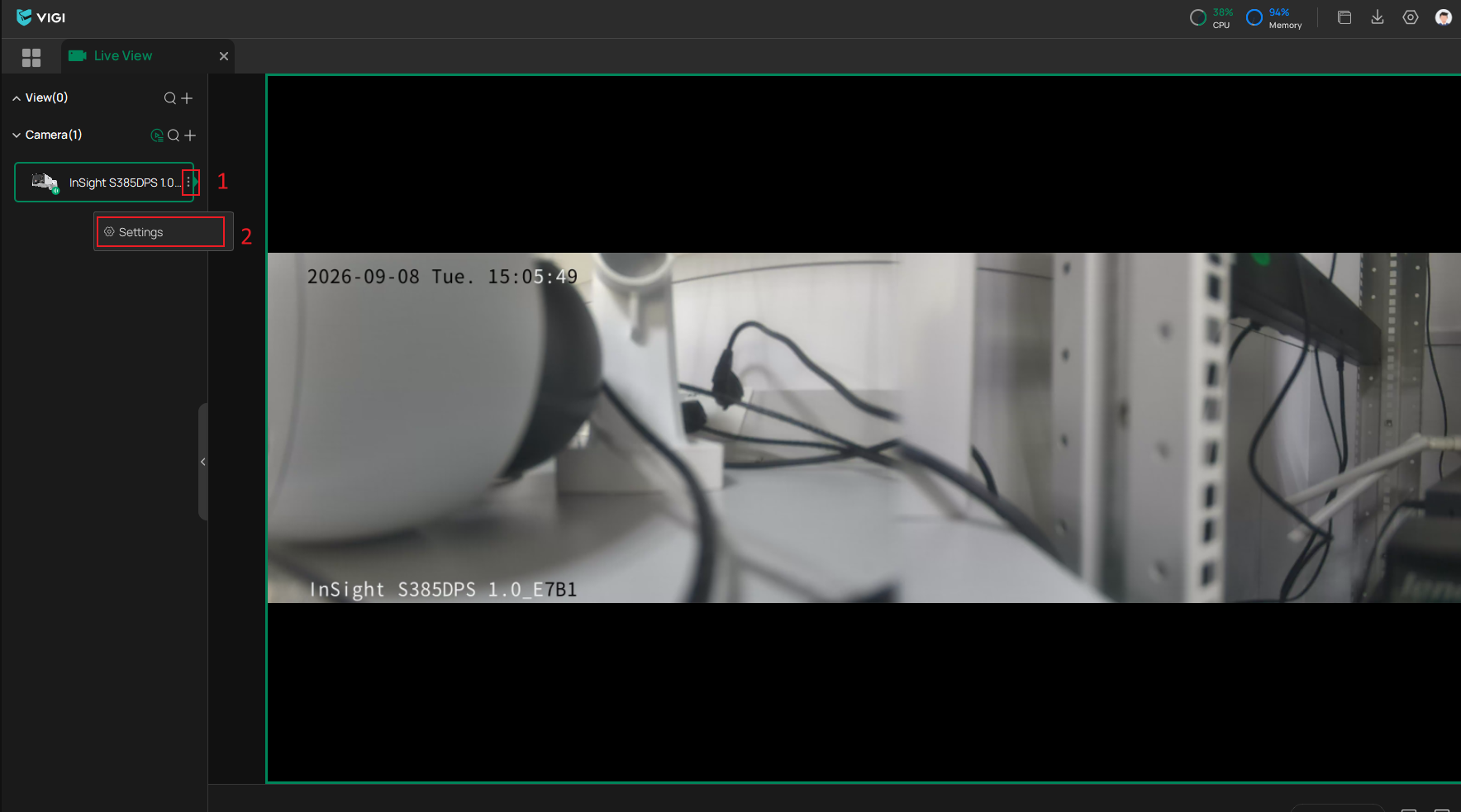 VIGI PC Client Live View page showing Camera Settings