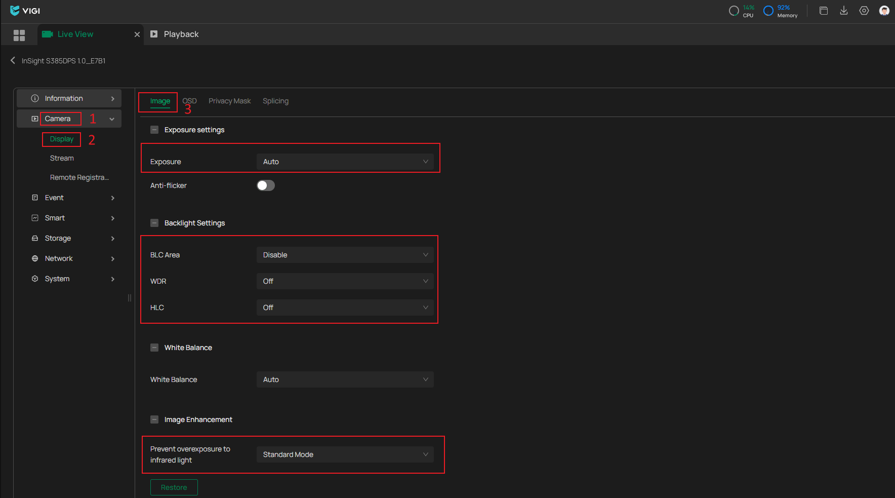 VIGI PC Client image settings page showing Exposure, WDR, HLC and Prevent IR Overexposure options
