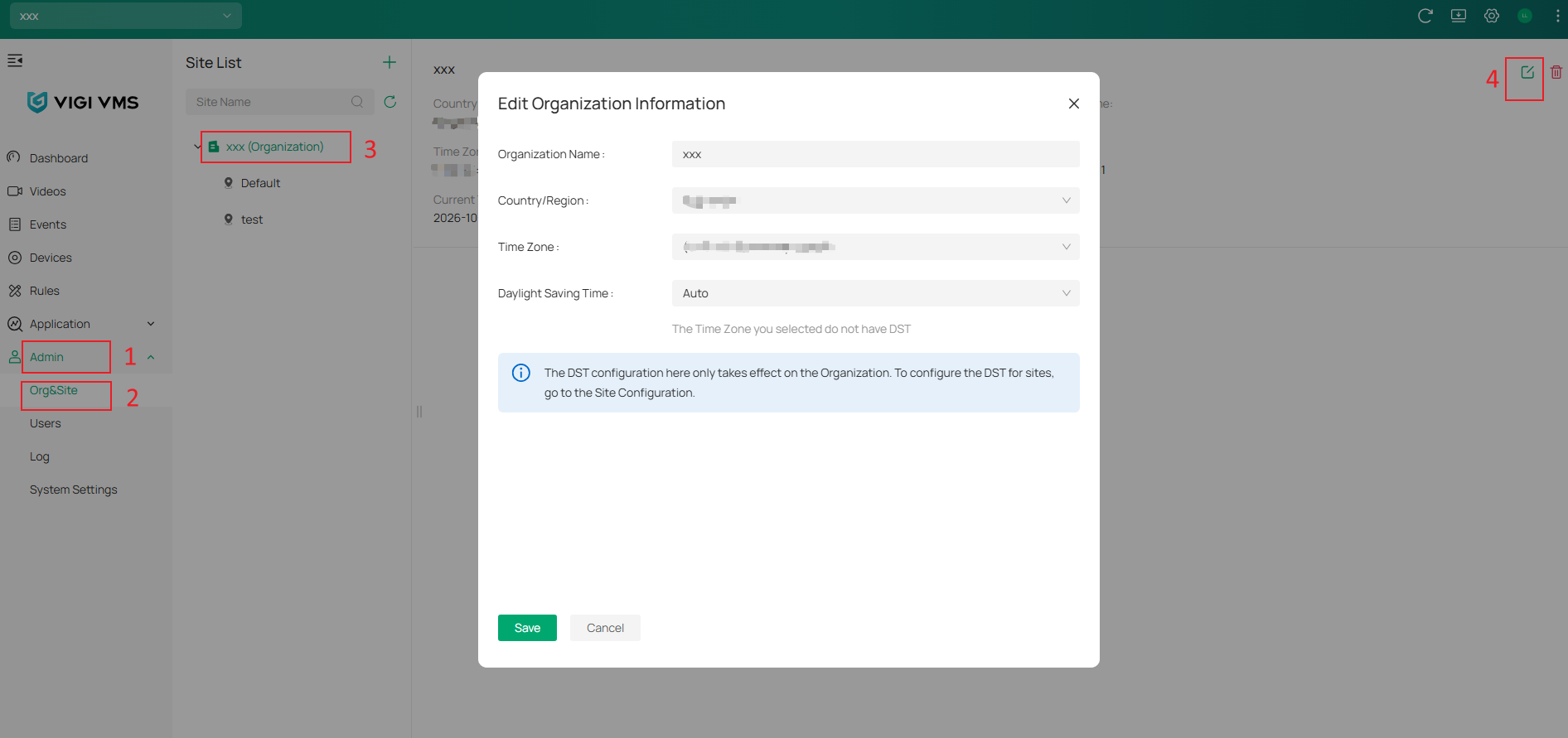 VIGI Cloud VMS Org&Site page showing organization settings