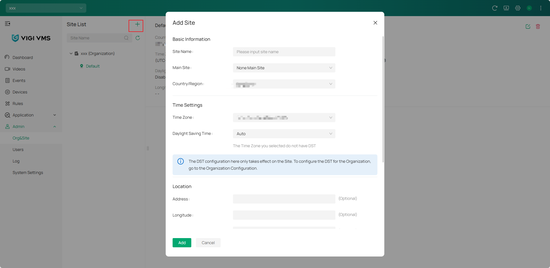 VIGI Cloud VMS Org&Site page showing Add Site option
