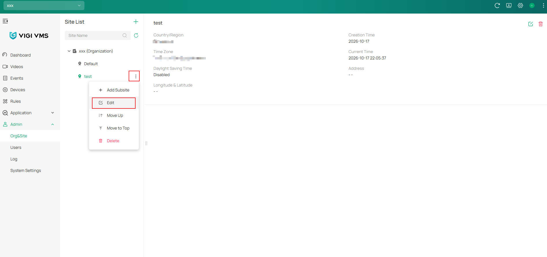 VIGI Cloud VMS Edit Site page showing edit a site