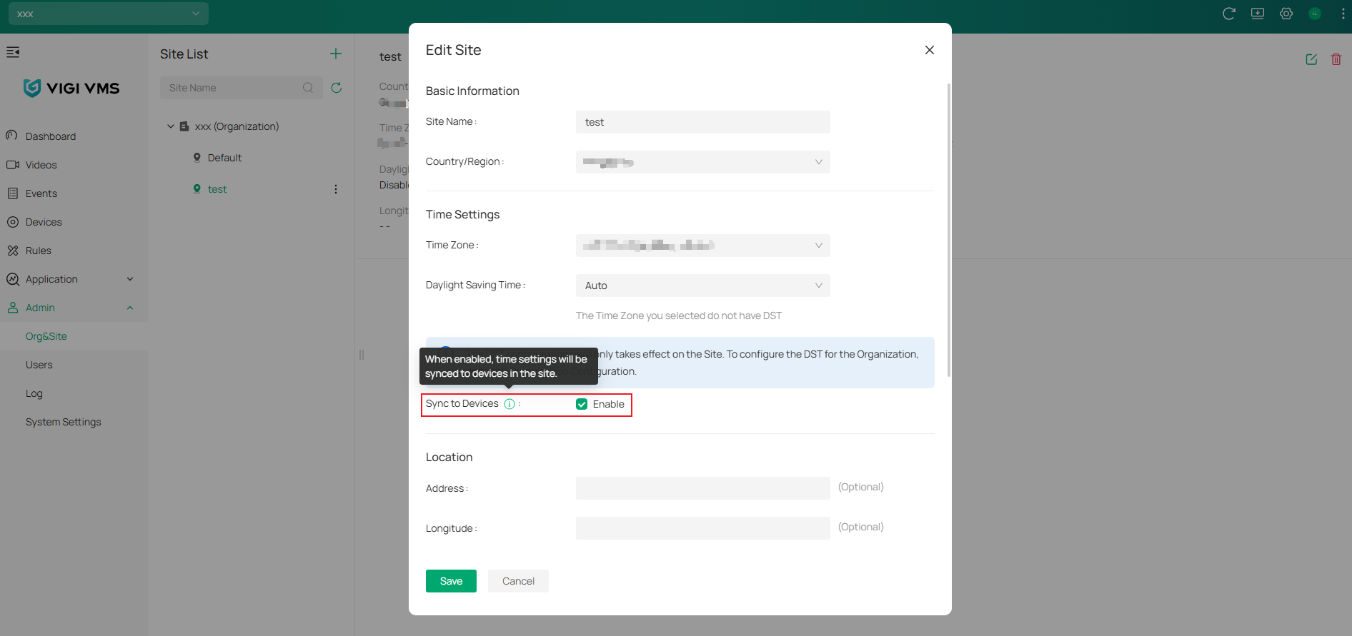 VIGI Cloud VMS Edit Site page showing Sync to Device option