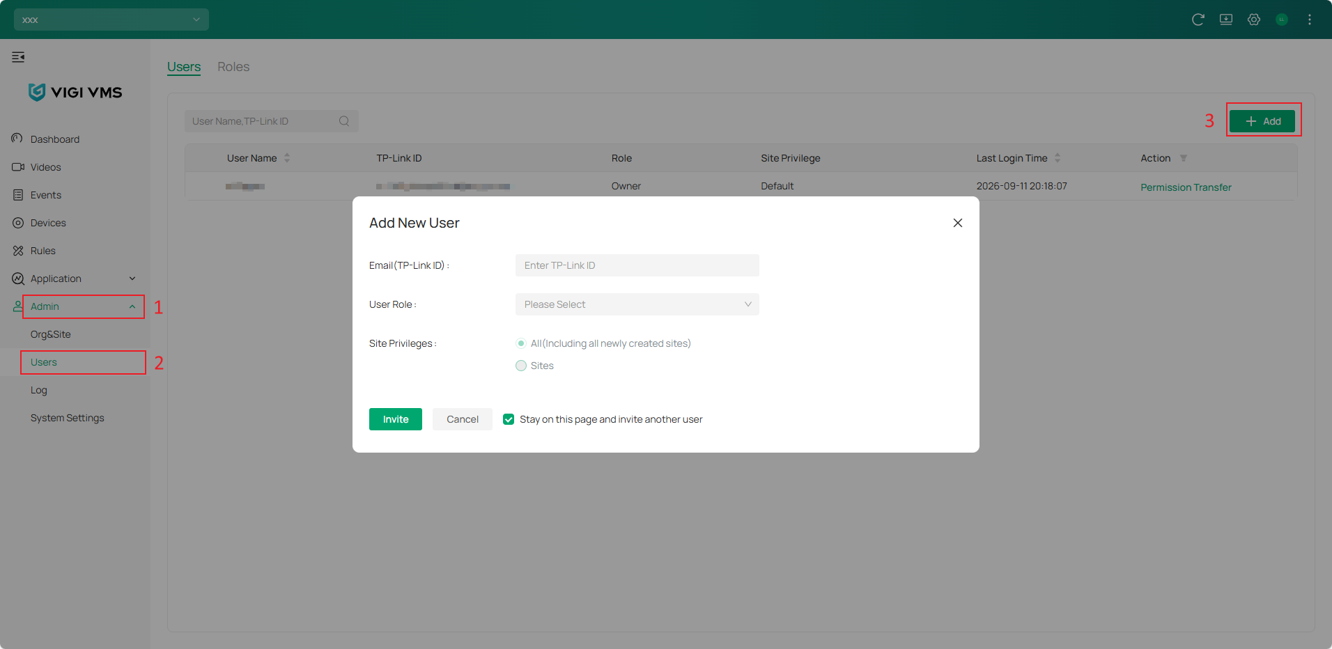 VIGI Cloud VMS User Management page showing Add New User Option