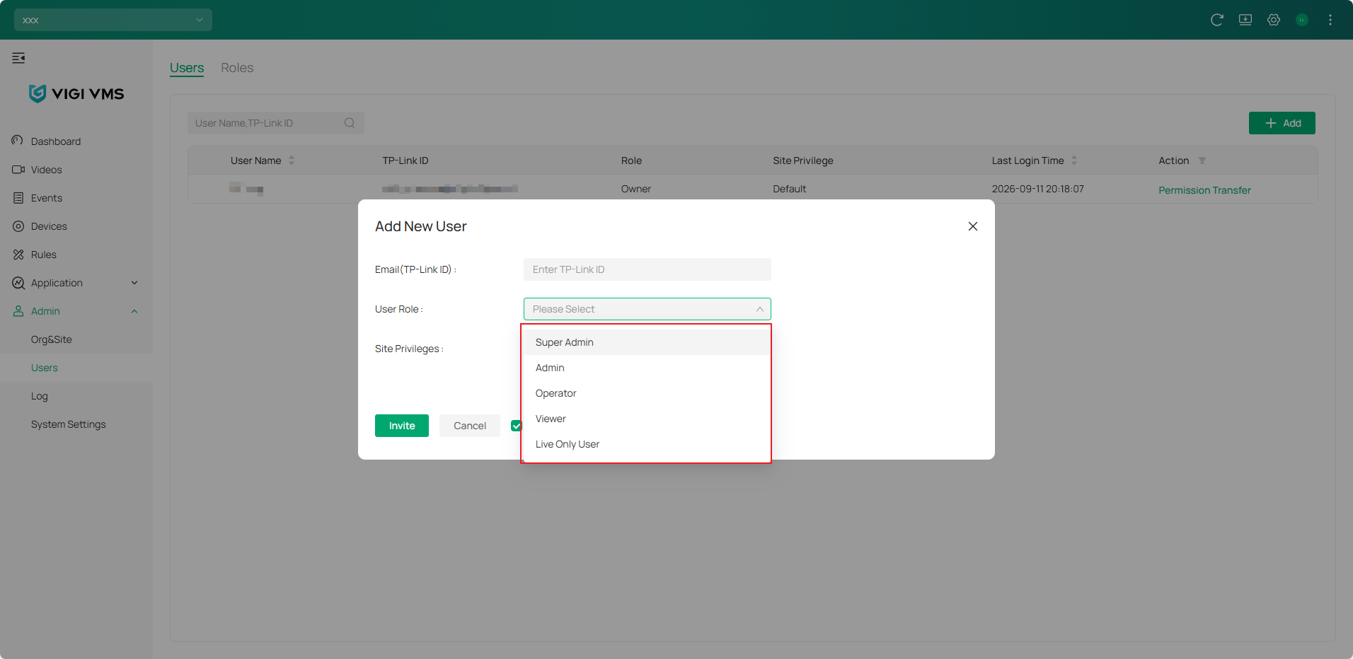 VIGI Cloud VMS User Management page showing user account permissions
