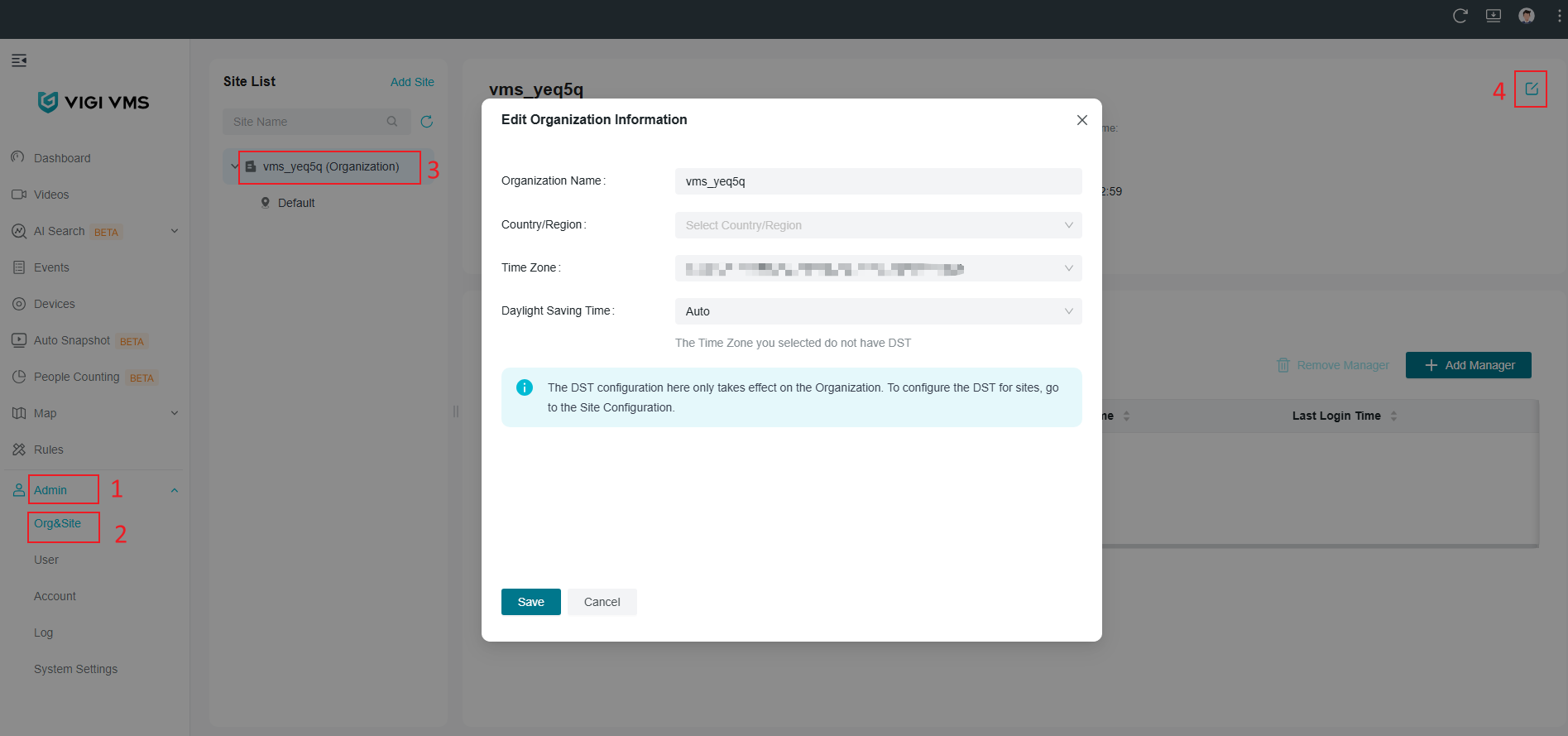 VIGI VMS Org&Site page showing Edit Organization Information