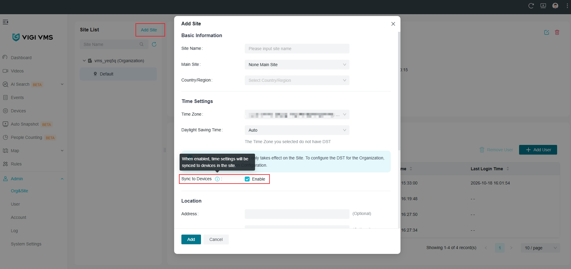 VIGI VMS Software Org&Site page showing Add Site page