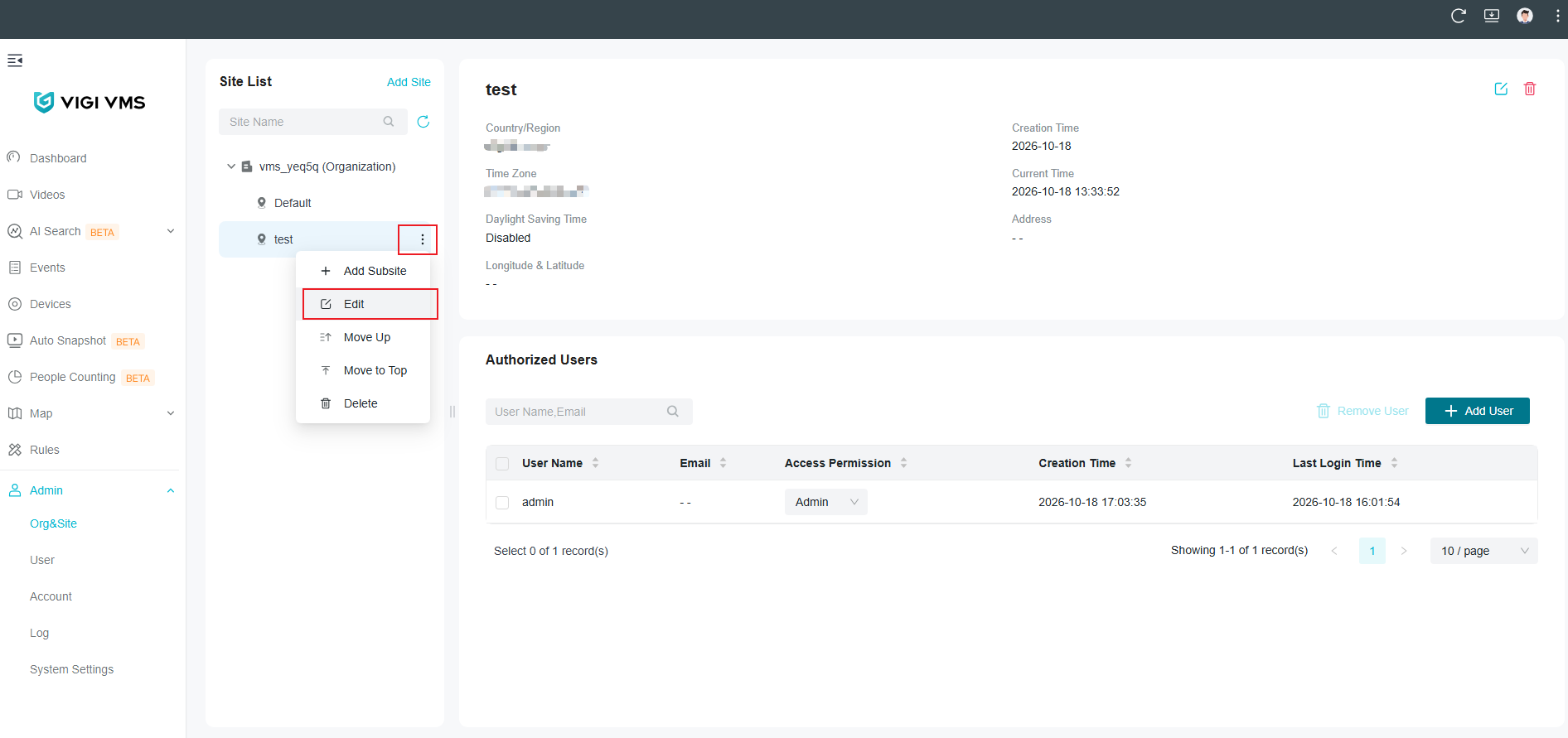 VIGI VMS Software Org&Site page showing edit site option