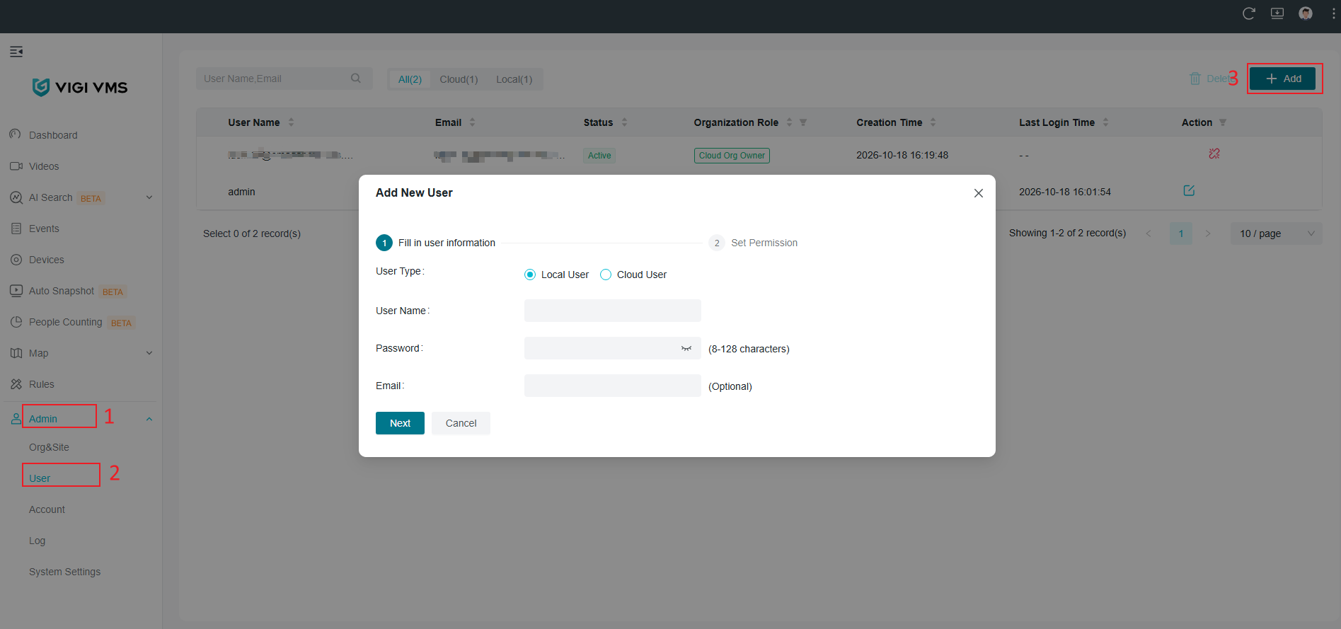VIGI VMS Software Add New User page showing Add New User option