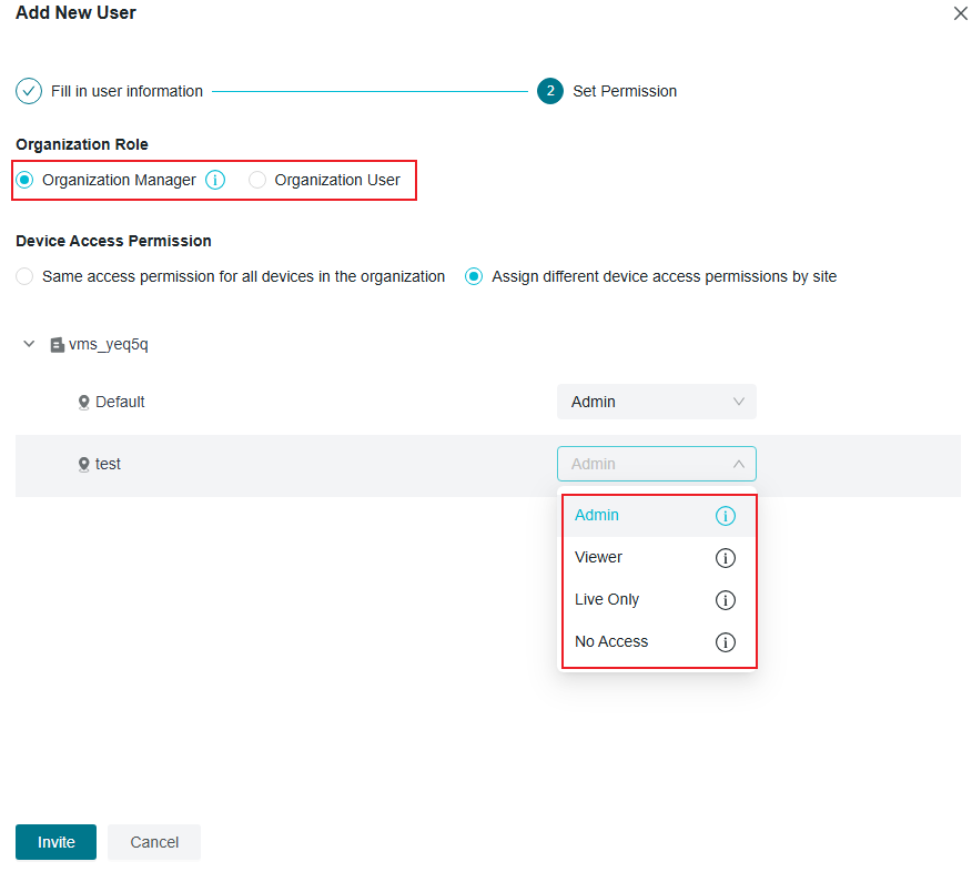 VIGI VMS Add New User page showing different roles and permissions