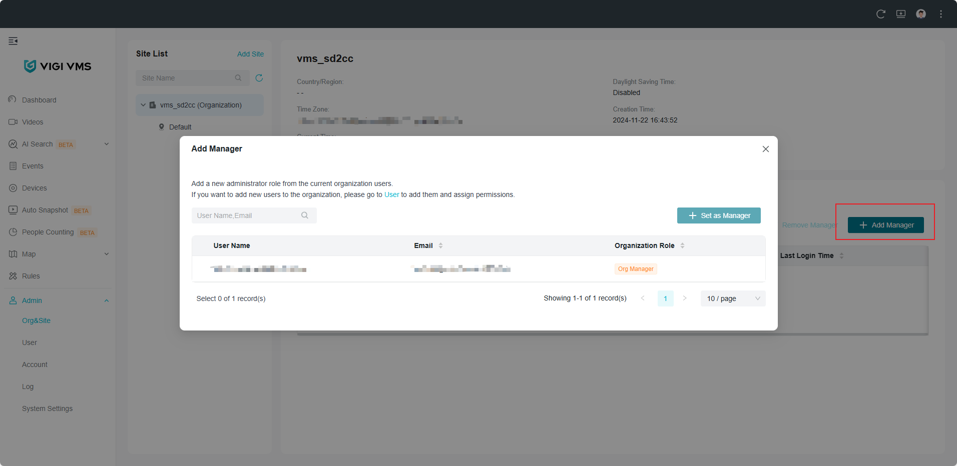 VIGI VMS Org&Site page showing Add Manager option