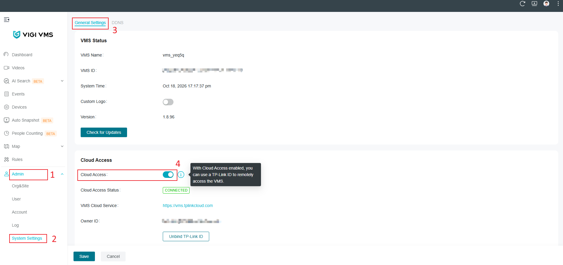 VIGI VMS System Settings page showing Cloud Access option