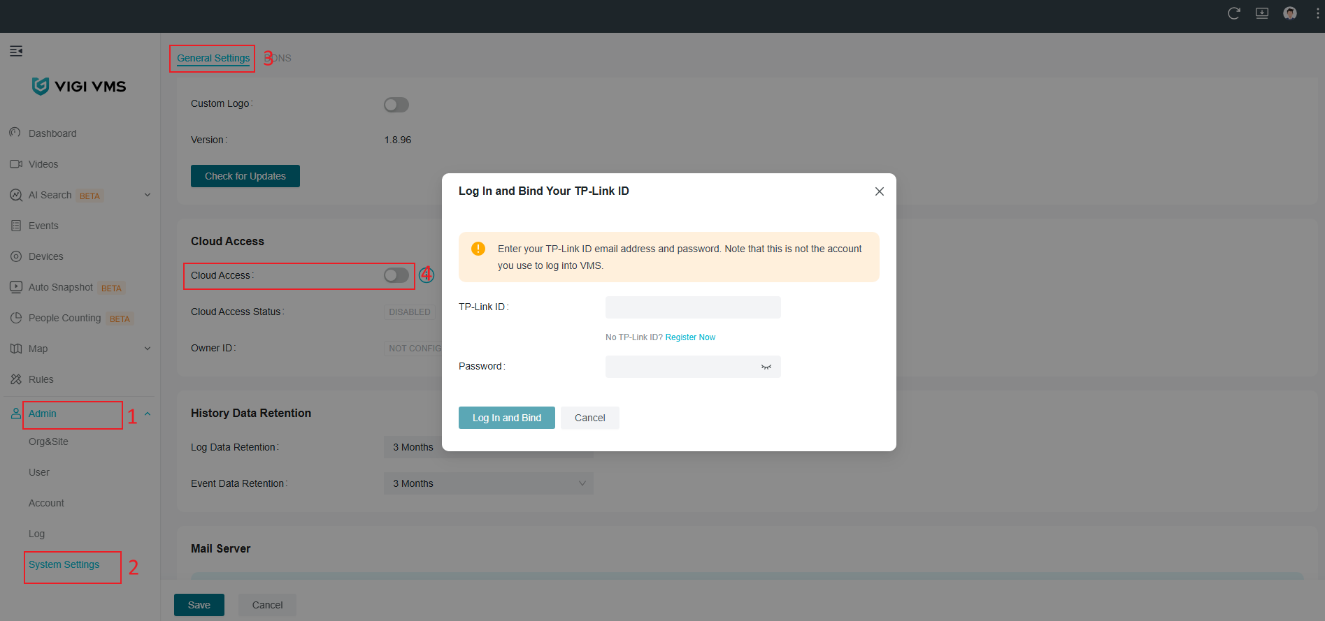 VIGI VMS System Settings page showing Log In and Bind Your TP-Link ID option