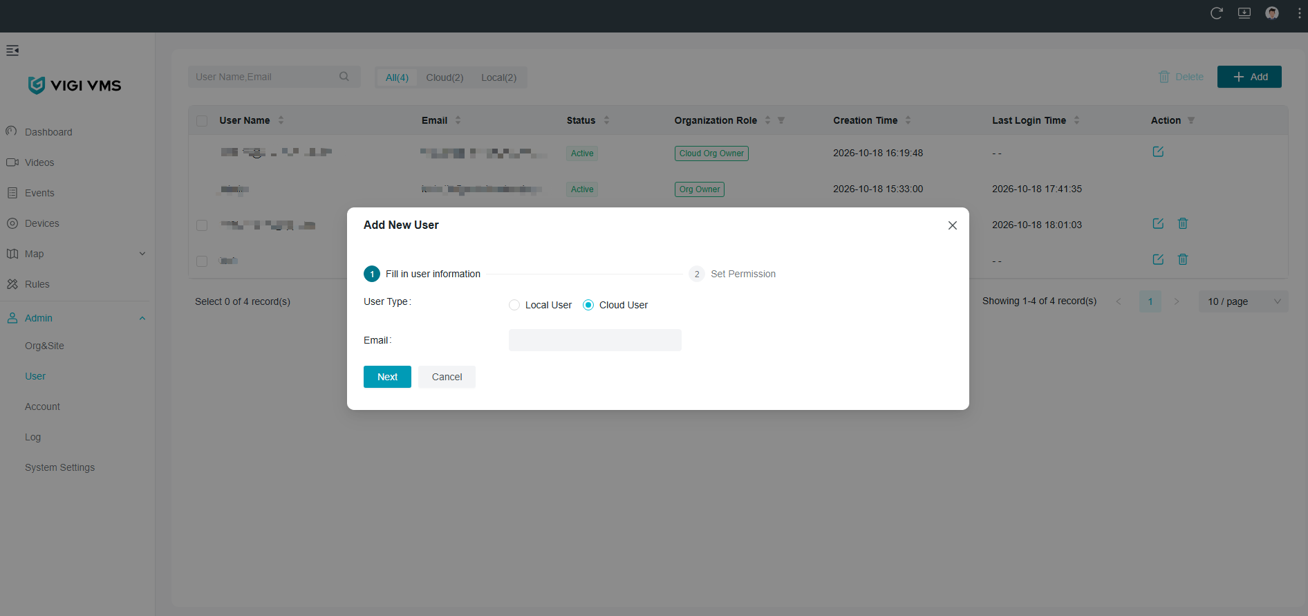 VIGI VMS showing Add Cloud User
