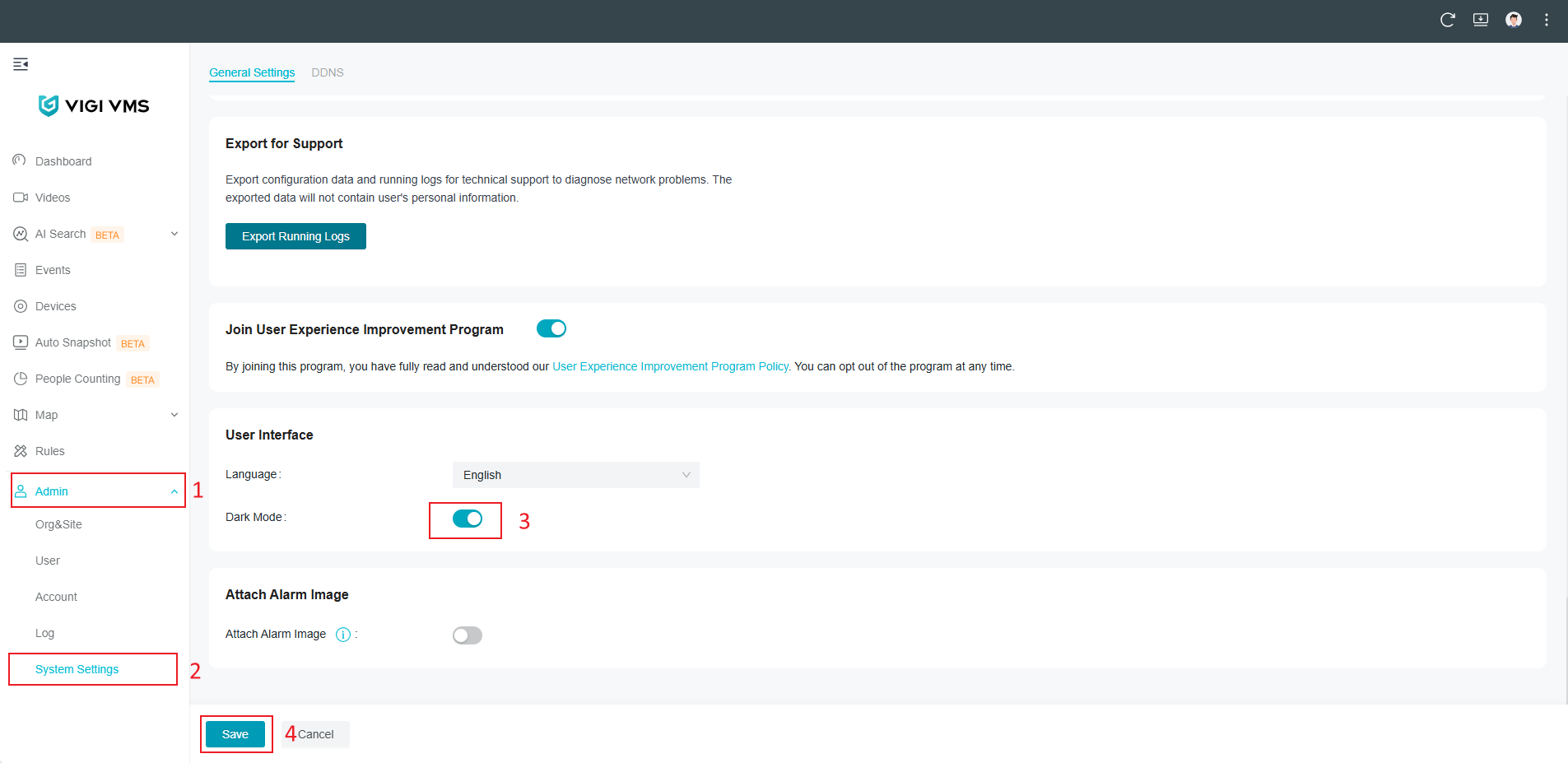 VIGI VMS Software System Settings page showing Dark Mode option