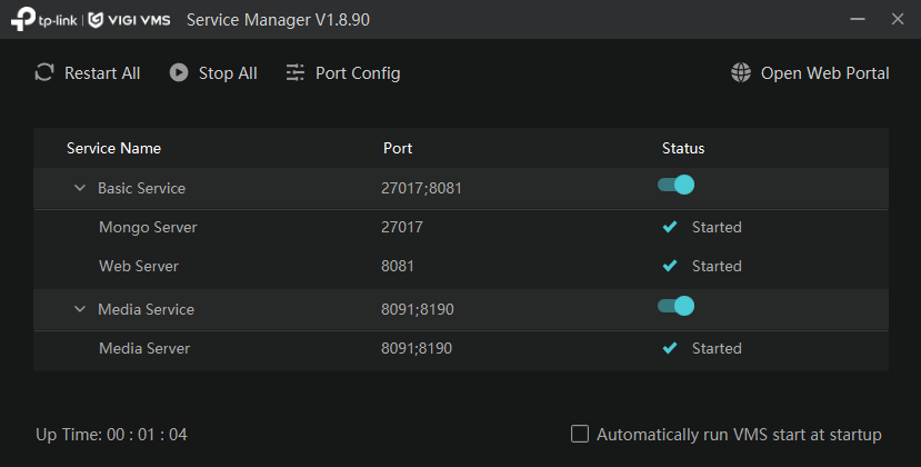 VIGI VMS Service Manager page showing running VMS services
