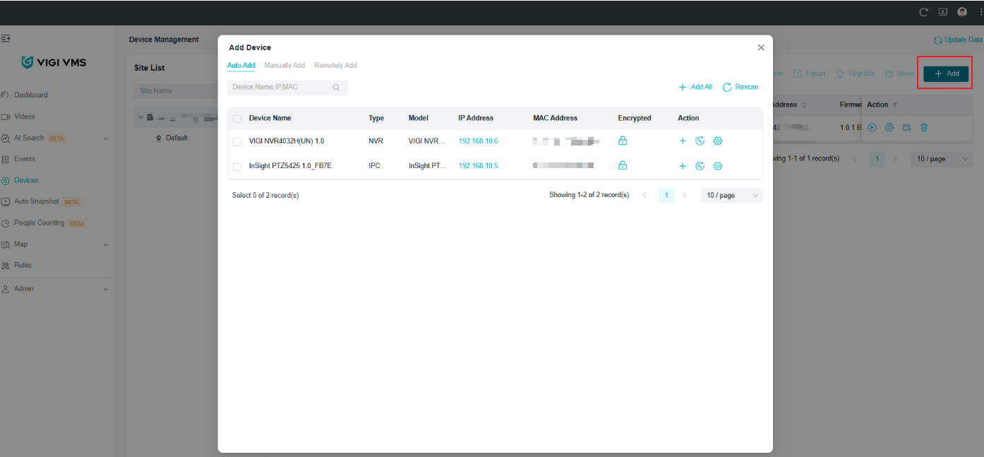 VIGI VMS Device Management page showing the Add Device option