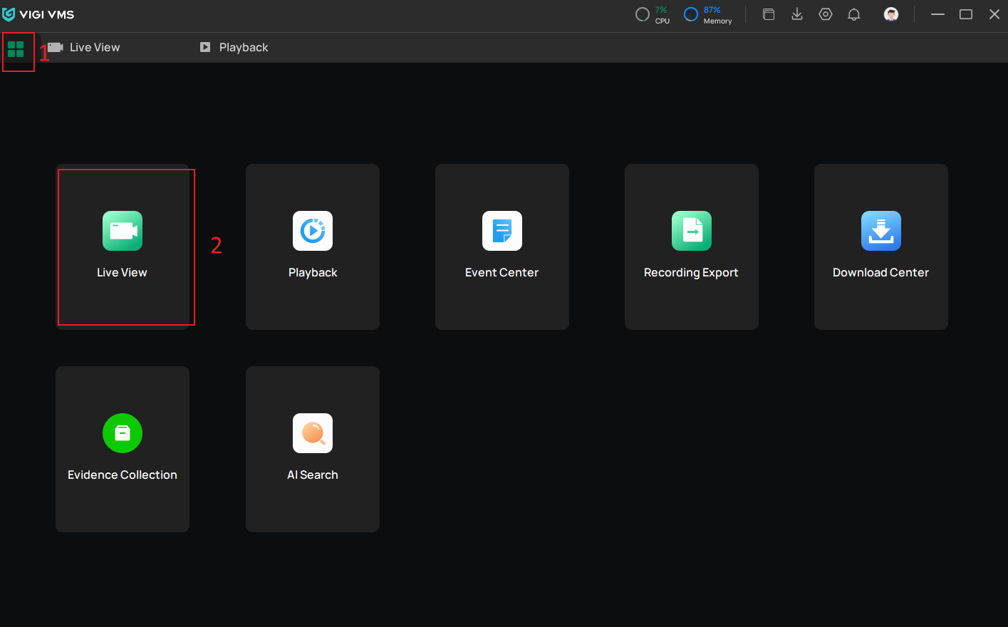 VIGI PC Client home page showing the highlighted Live View option