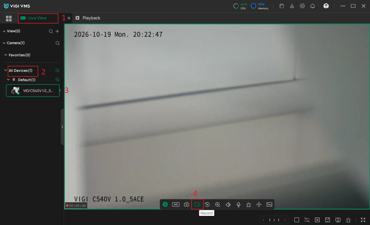 VIGI PC Client Live View page showing the Record option