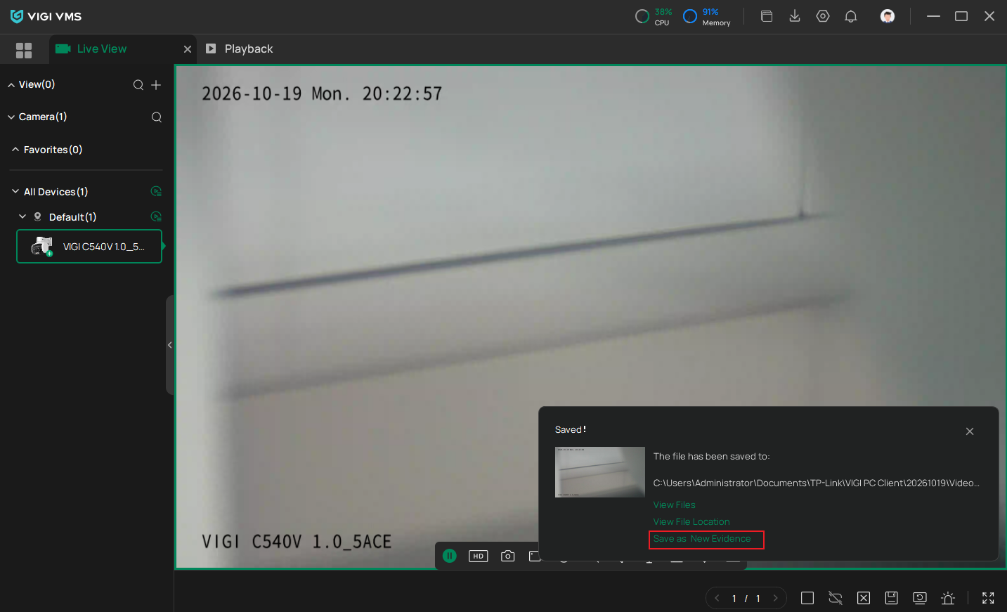 VIGI PC Client Live View page showing the Save as Evidence option