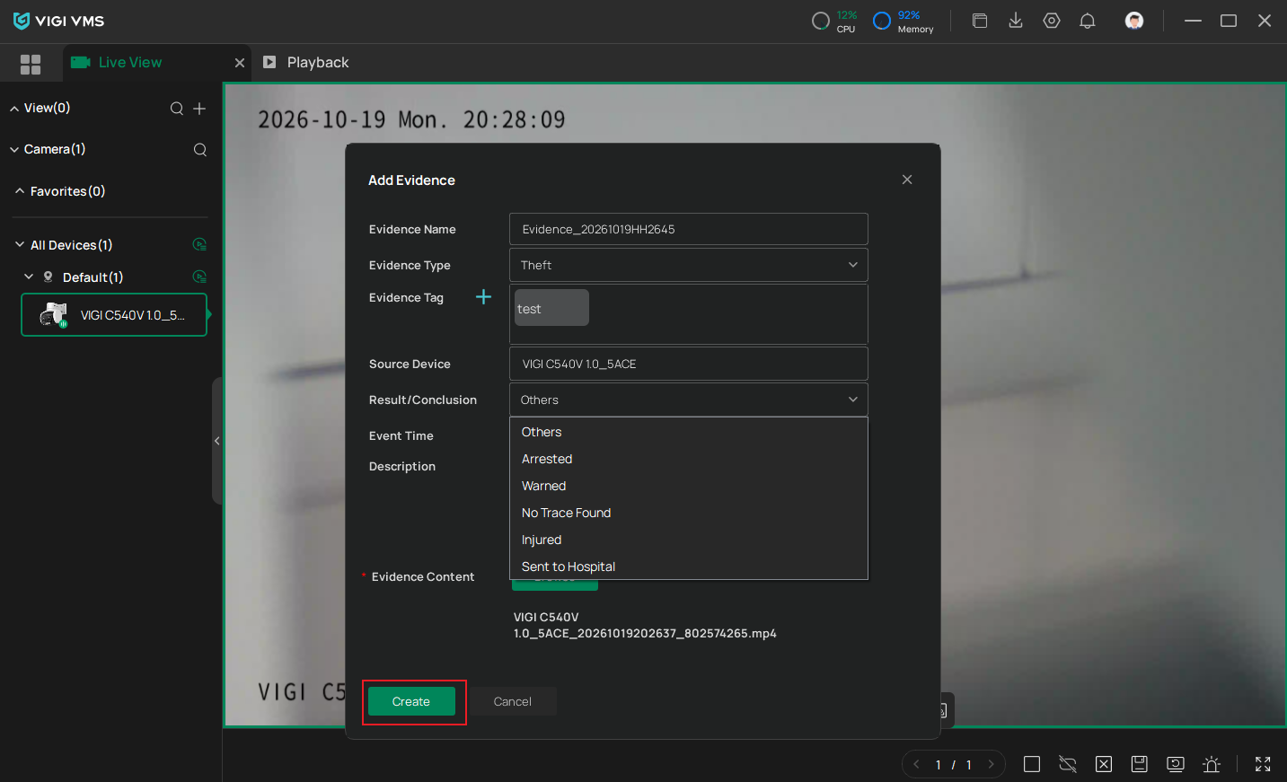VIGI PC Client Add Evidence page showing required evidence information, evidence content selection, and Result/Conclusion options