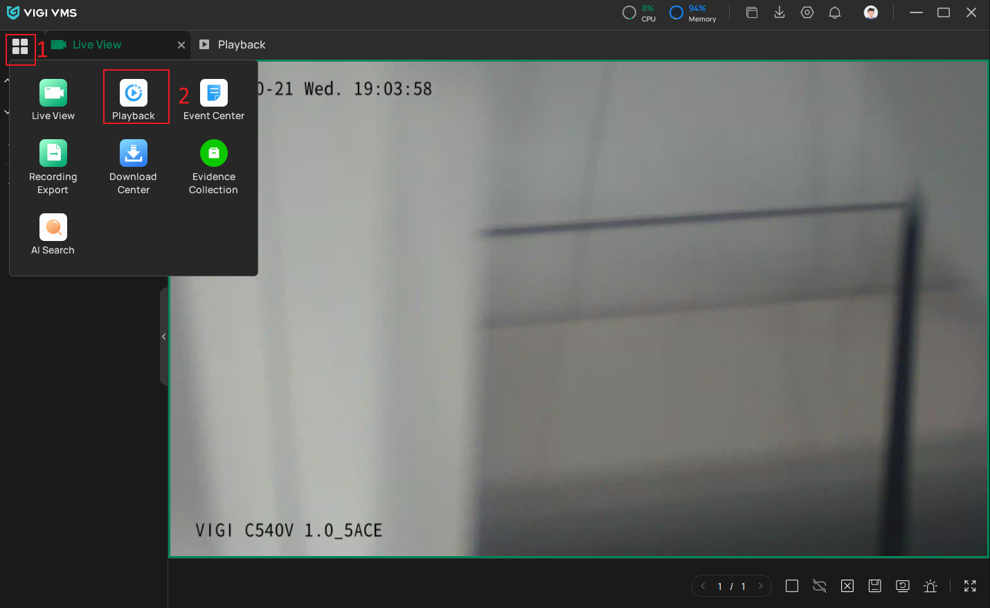 VIGI PC Client home page showing the highlighted Playback option