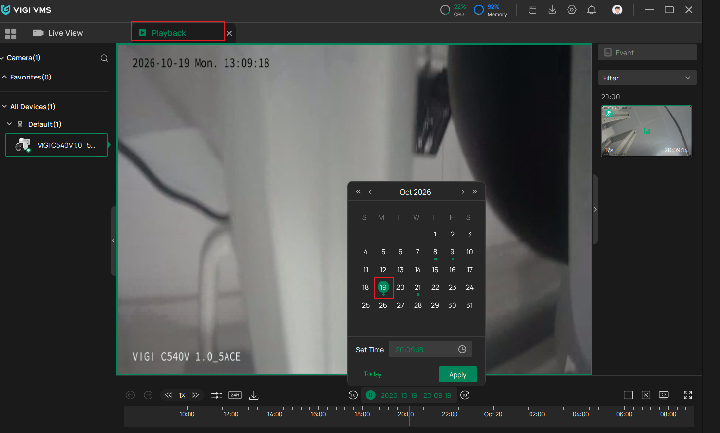 VIGI PC Client Playback page showing camera playback timeline and date selection for evidence creation