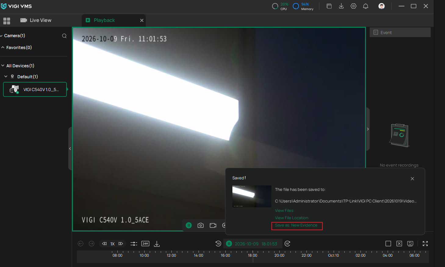 VIGI PC Client Playback page showing the Save as Evidence option