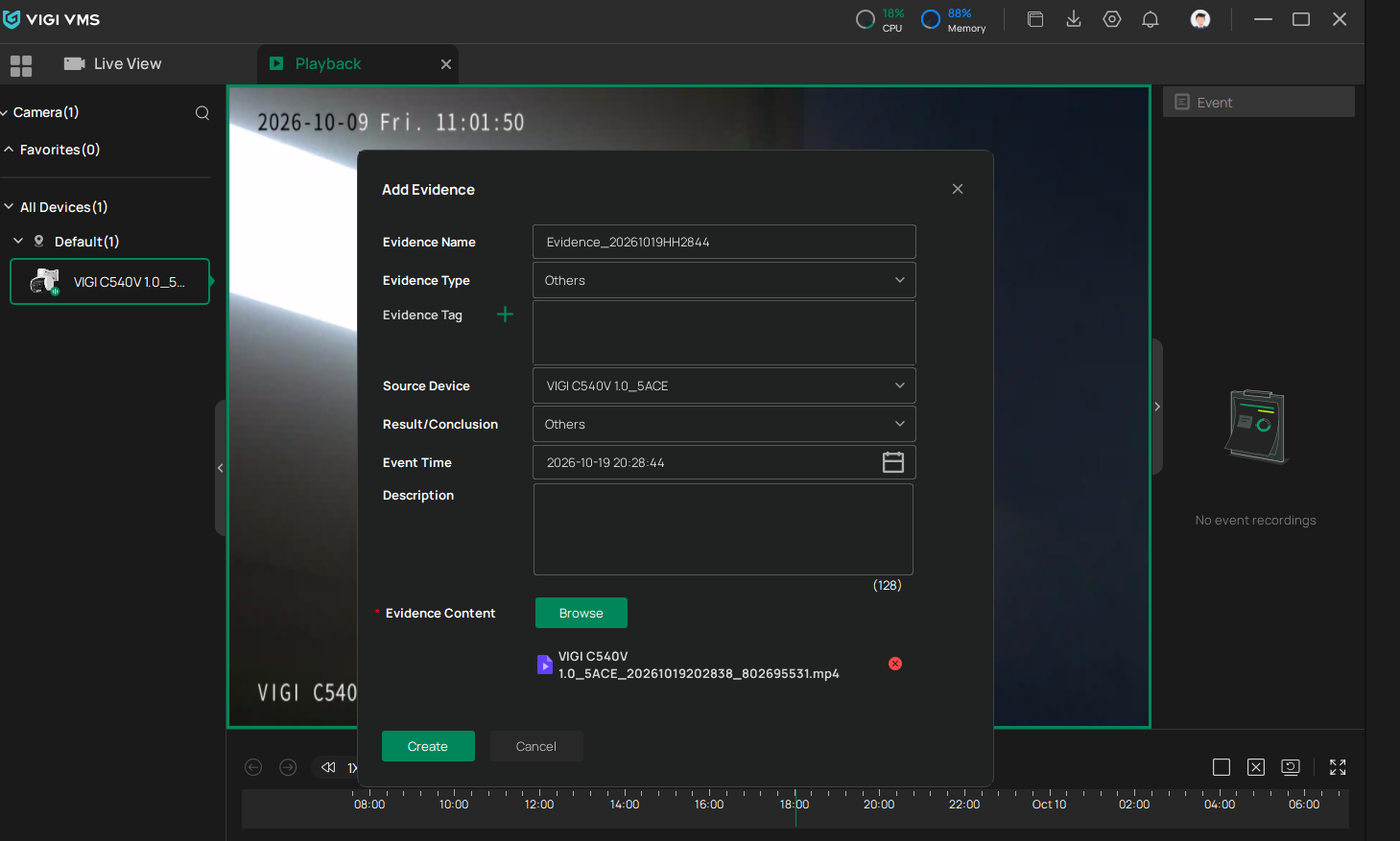 VIGI PC Client Add Evidence page showing evidence type, tags, and Create option