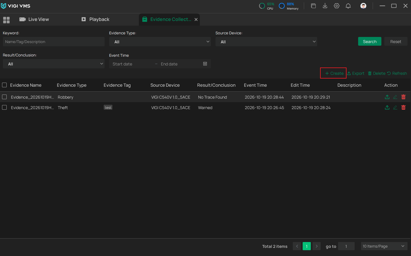 VIGI PC Client Evidence Collection page showing the Create option