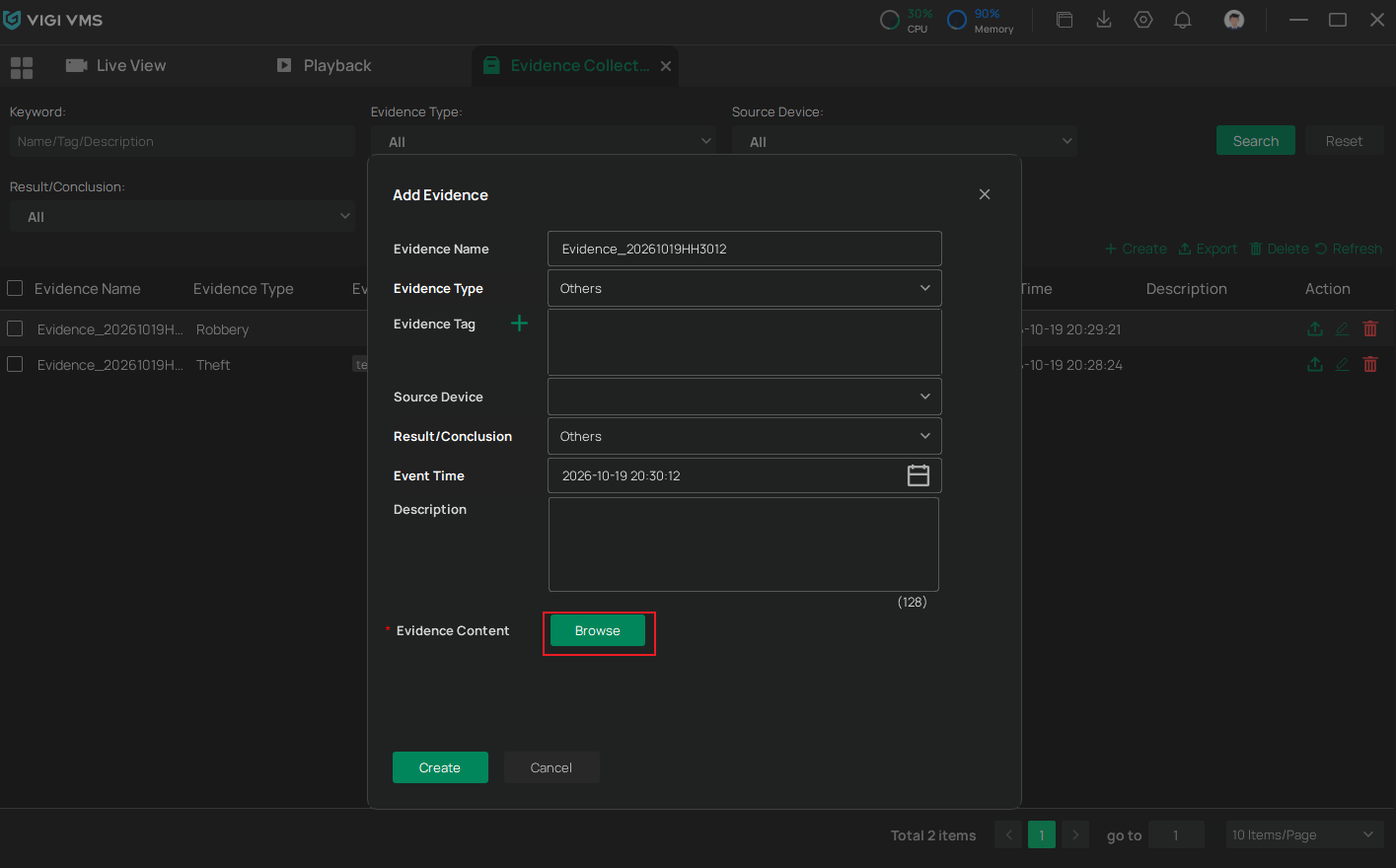 VIGI PC Client Add Evidence page showing evidence information and Browse option