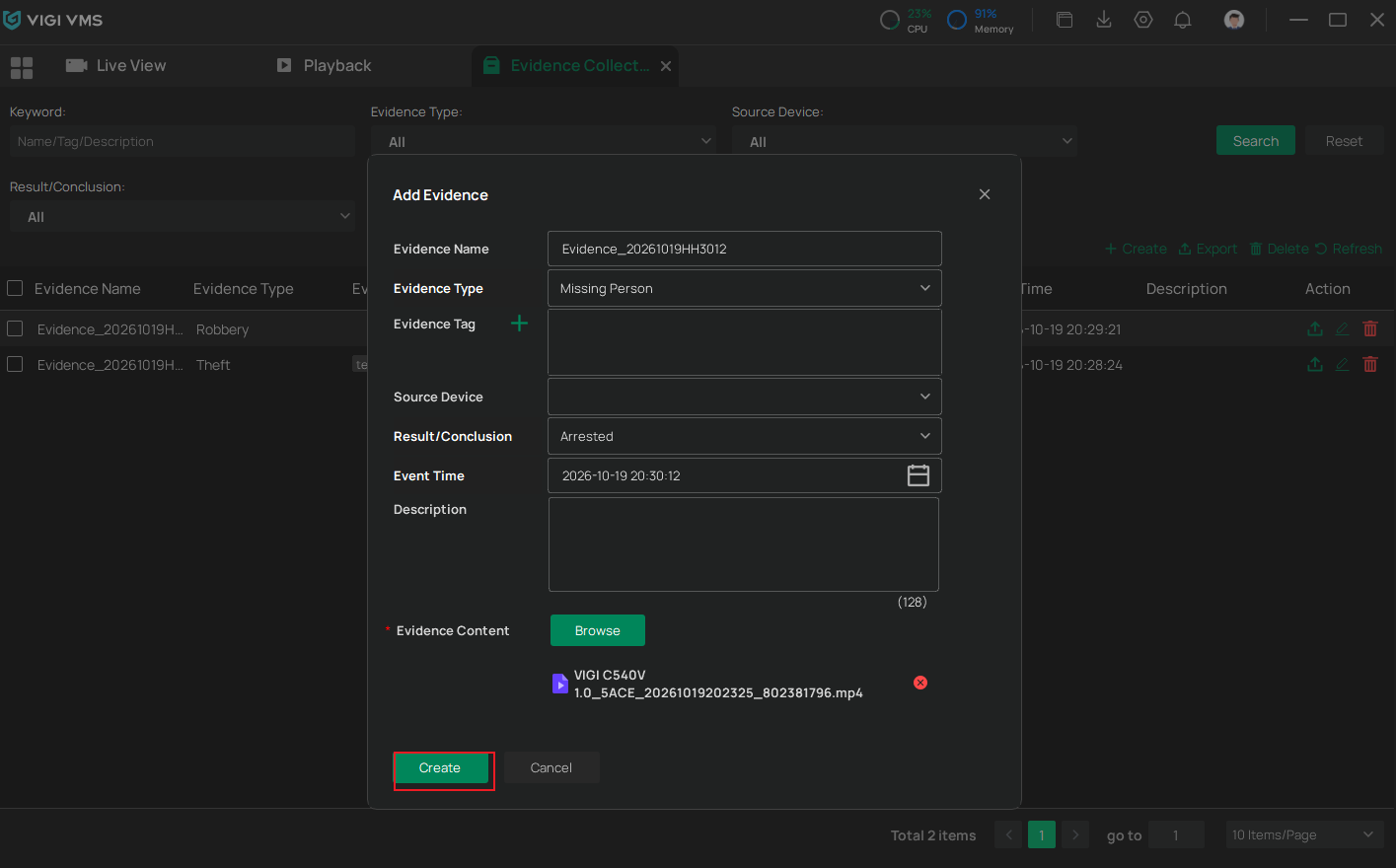 VIGI PC Client Create Evidence page showing evidence information settings