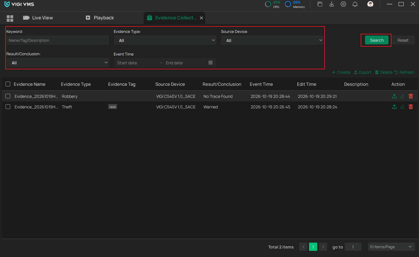 VIGI PC Client Evidence Collection page showing search filters