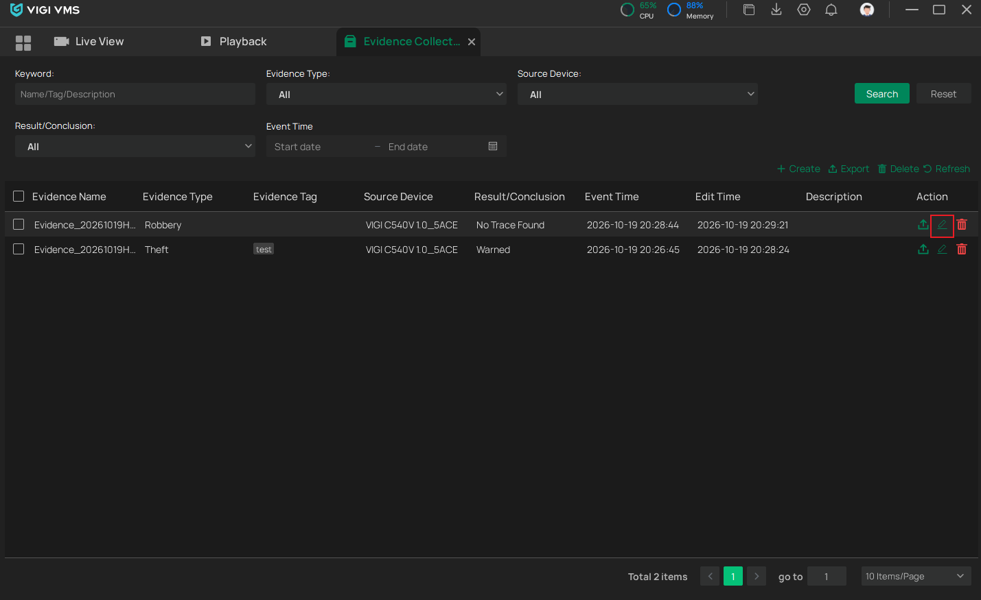 VIGI PC Client Evidence Collection page showing the Edit option