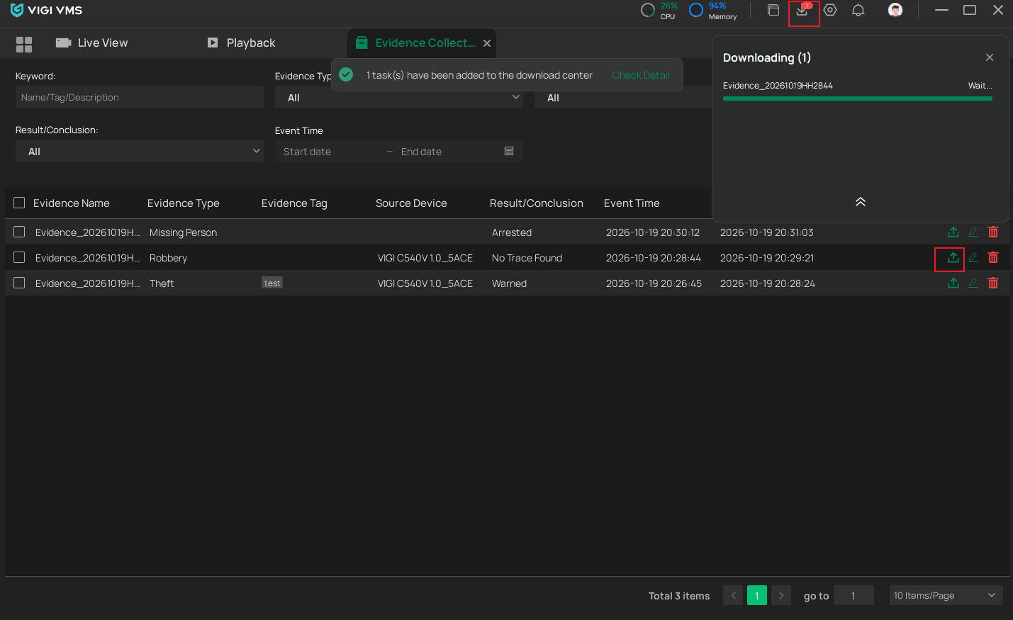 VIGI PC Client Evidence Collection page showing the Export option