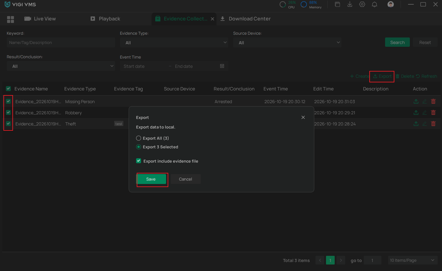 VIGI PC Client Evidence Collection page showing selected batched evidence records and export options
