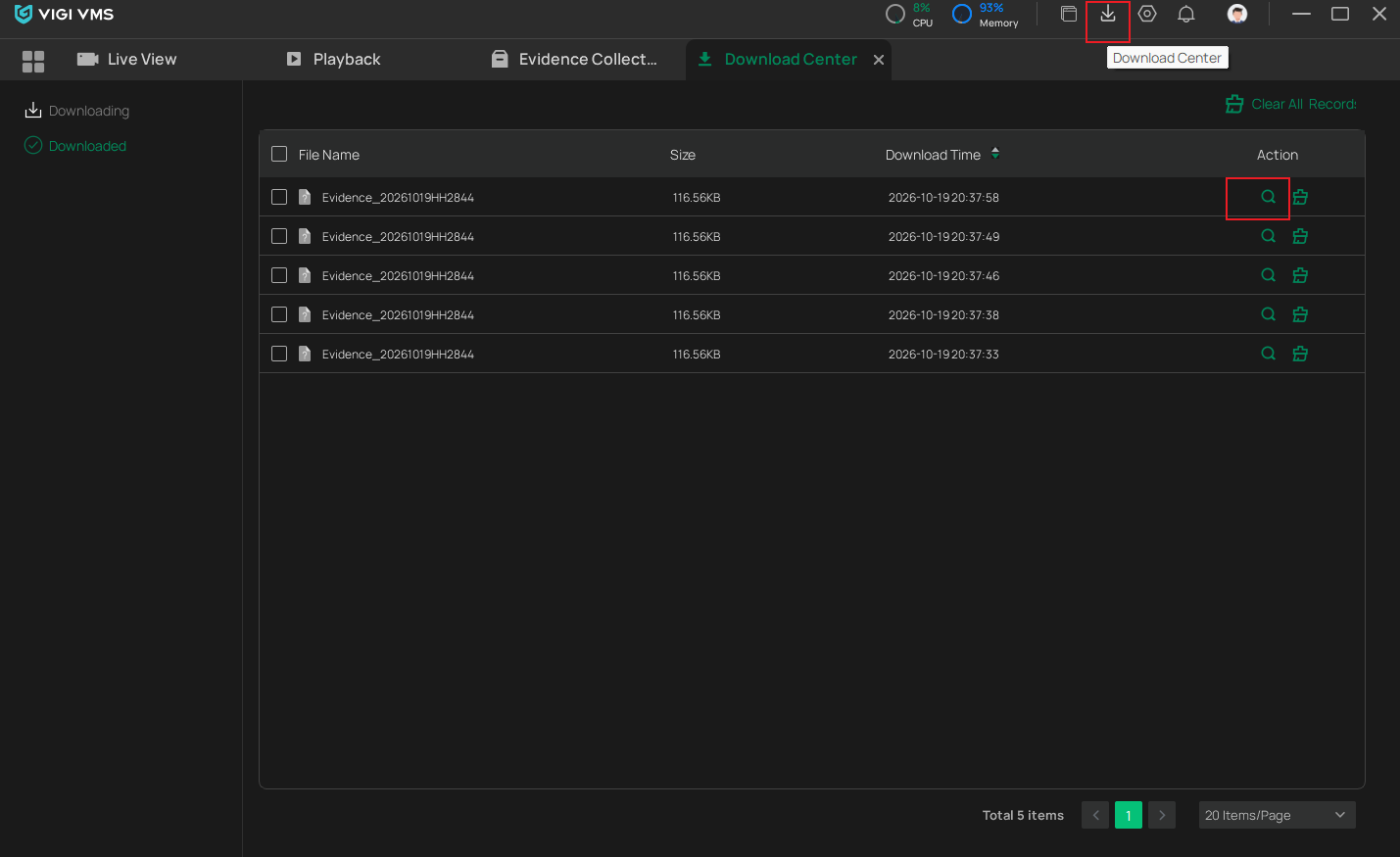 VIGI PC Client Download Center showing exported evidence files and file location options