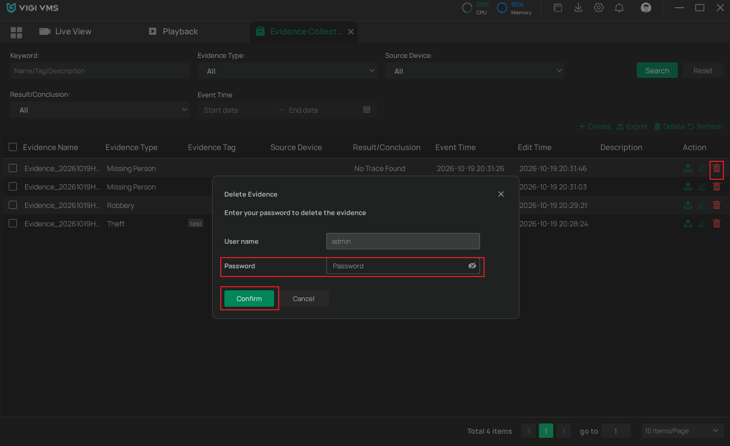 VIGI PC Client Evidence Collection page showing the Delete option