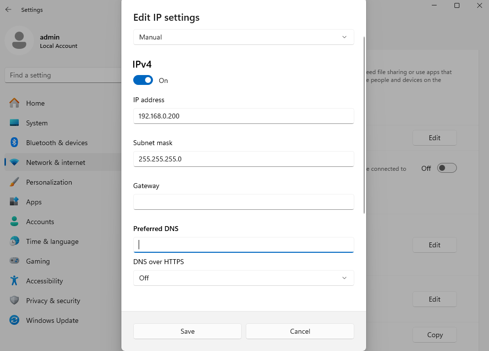 Windows11 network adapter settings page showing a static IP address configuration