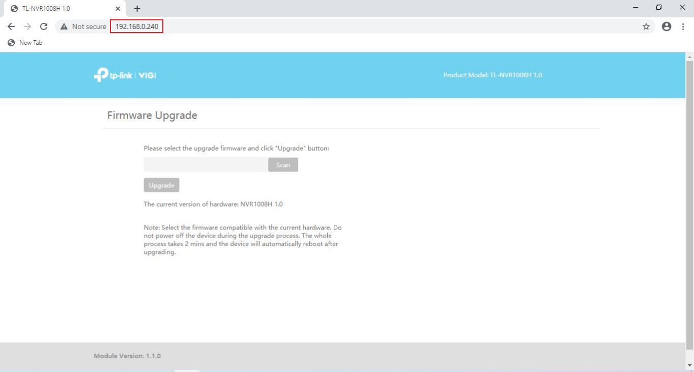 VIGI firmware recovery page showing firmware upload options