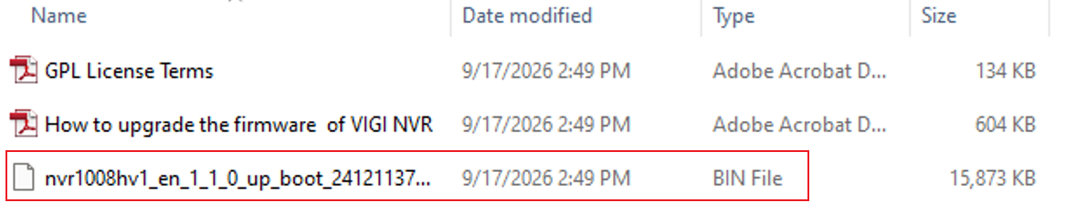 Firmware package folder showing a selected BIN file