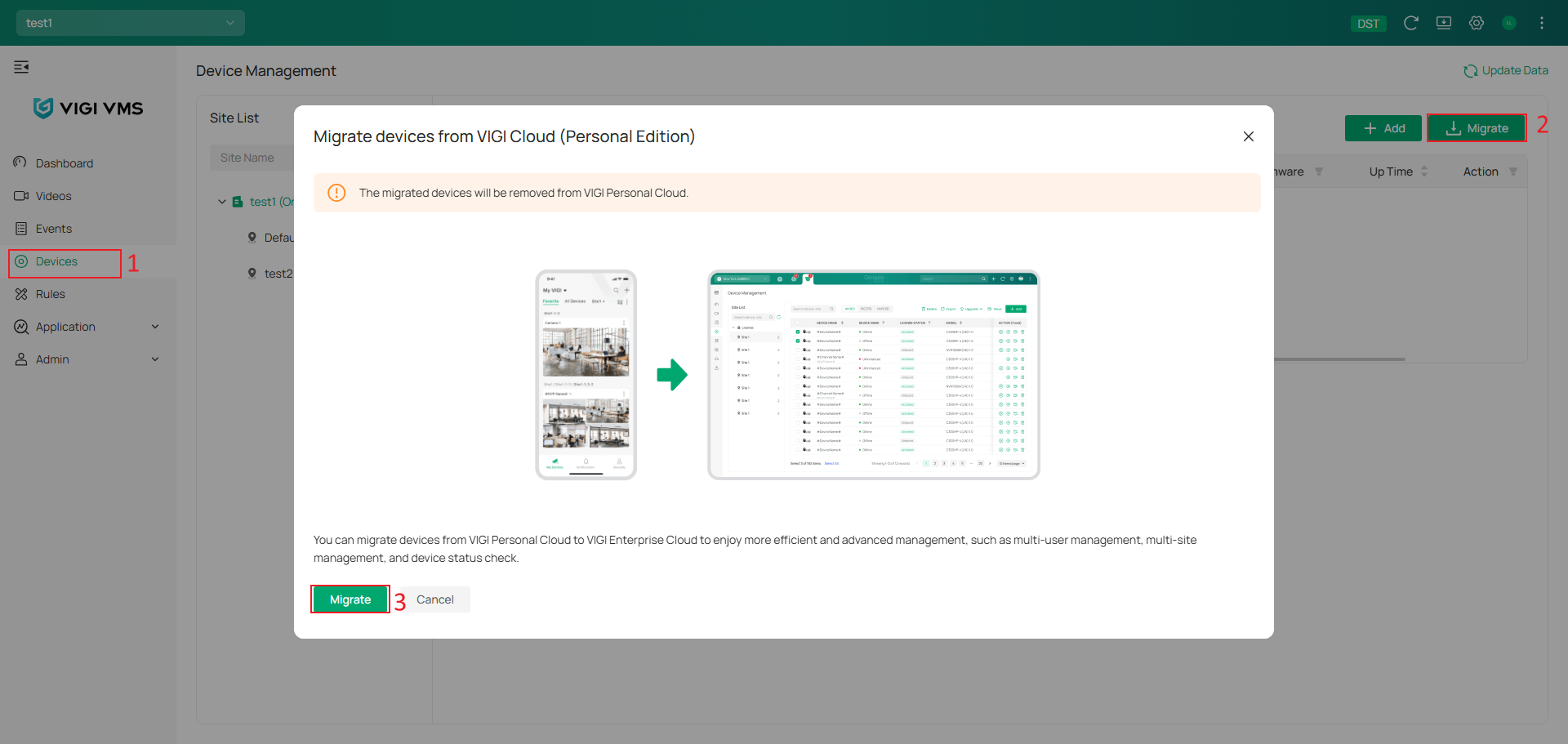 VIGI Cloud VMS Migration page showing the Migrate option