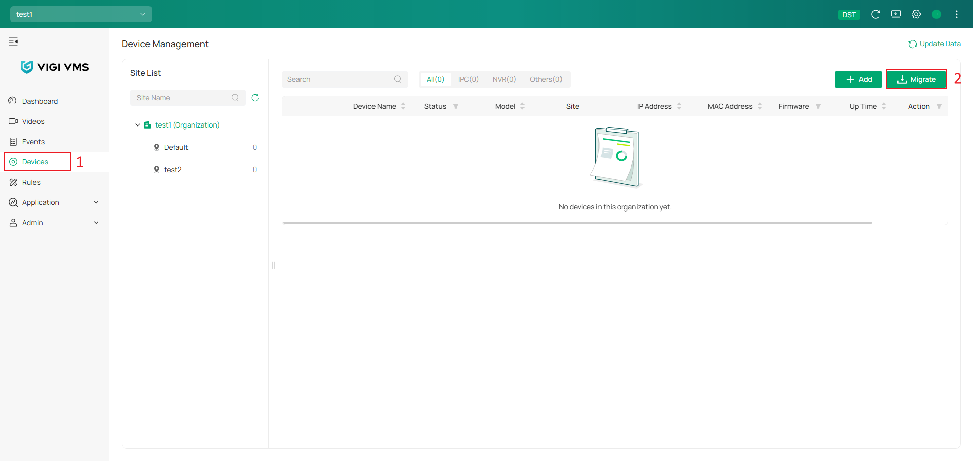 VIGI Cloud VMS Device page showing the Migrate option