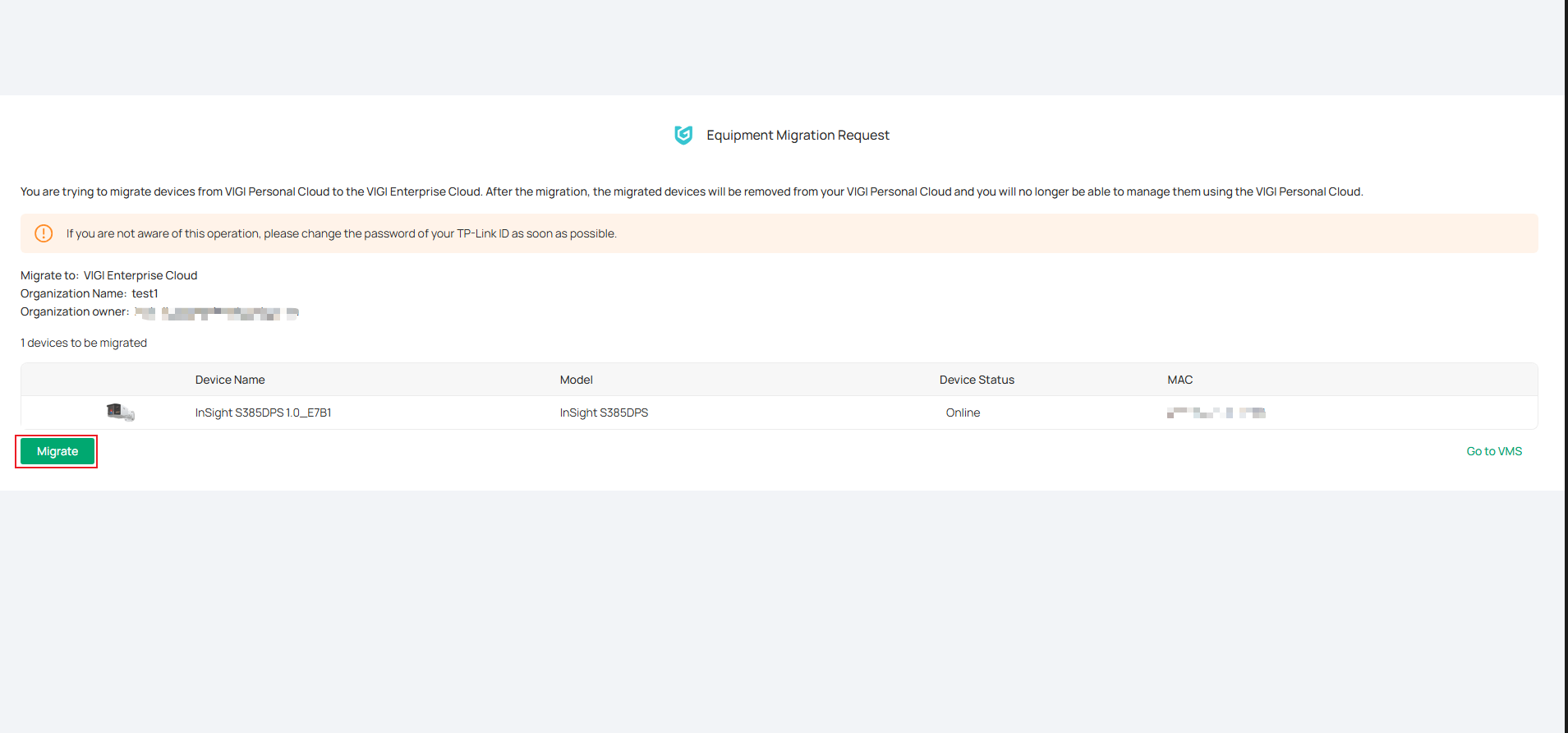Migration confirmation page showing the Migrate option