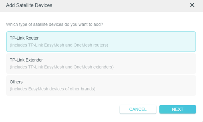 A picture lists TP-Link Router, TP-Link Extender, Other options on the left,  Cancel and Next option on the right corner. 