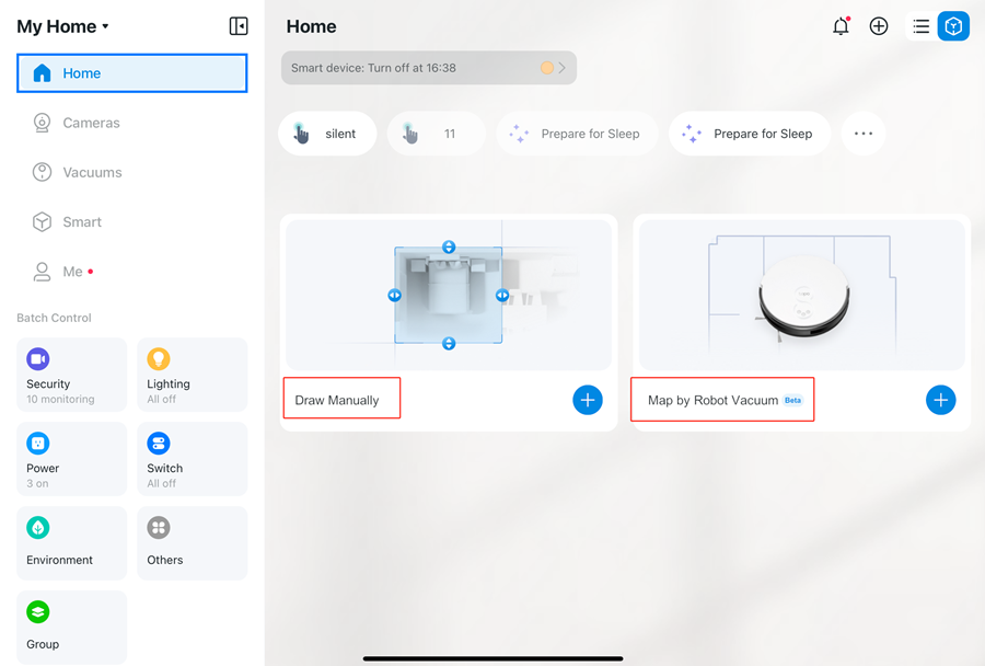 Muestra el botón de dibujo manual y el mapa por posición del botón de aspiración del robot en la aplicación Tapo.