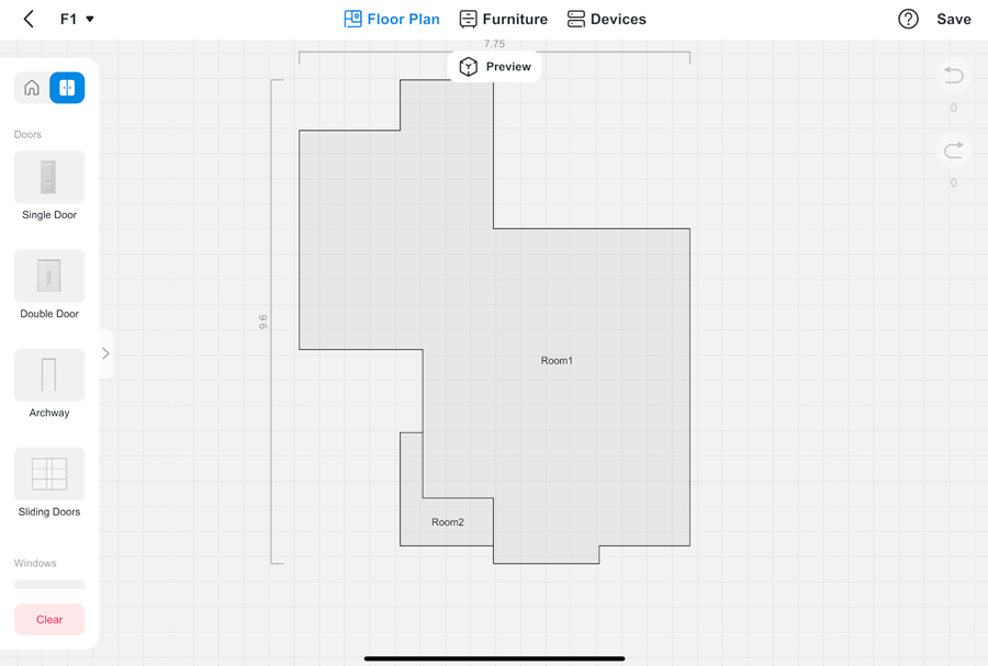 Display the Floor plan button in the Tapo APP; we can customize the room and door settings on the left side of this page.