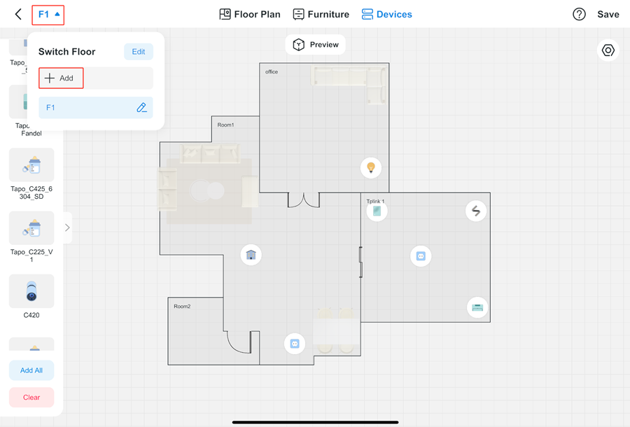 Display the location of the floor button and add button to add more floors.