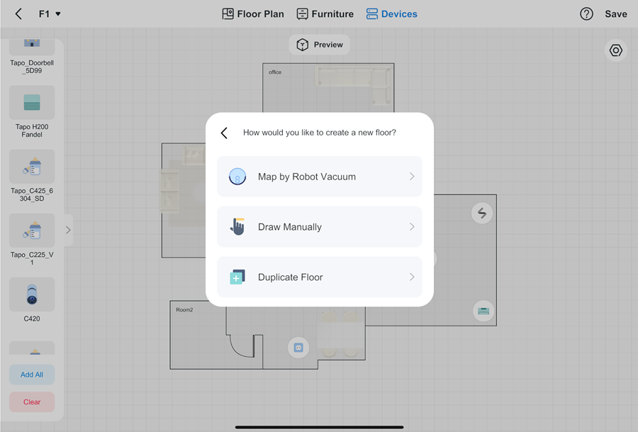 Display the location of 3 ways to create a new floor map by robot vacuum, draw manually or duplicate floor.