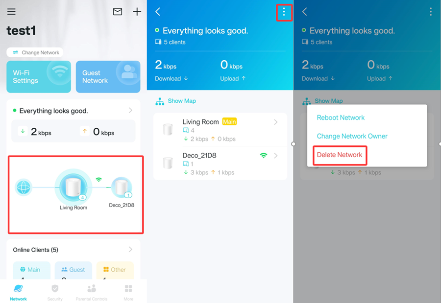 Three screenshots of the Deco App: the left shows a page where you click the network map in the middle, the middle shows a screen where you tap the three-dot menu icon in the top-right corner, and the right presents options where you select the highlighted “Delete Network”.