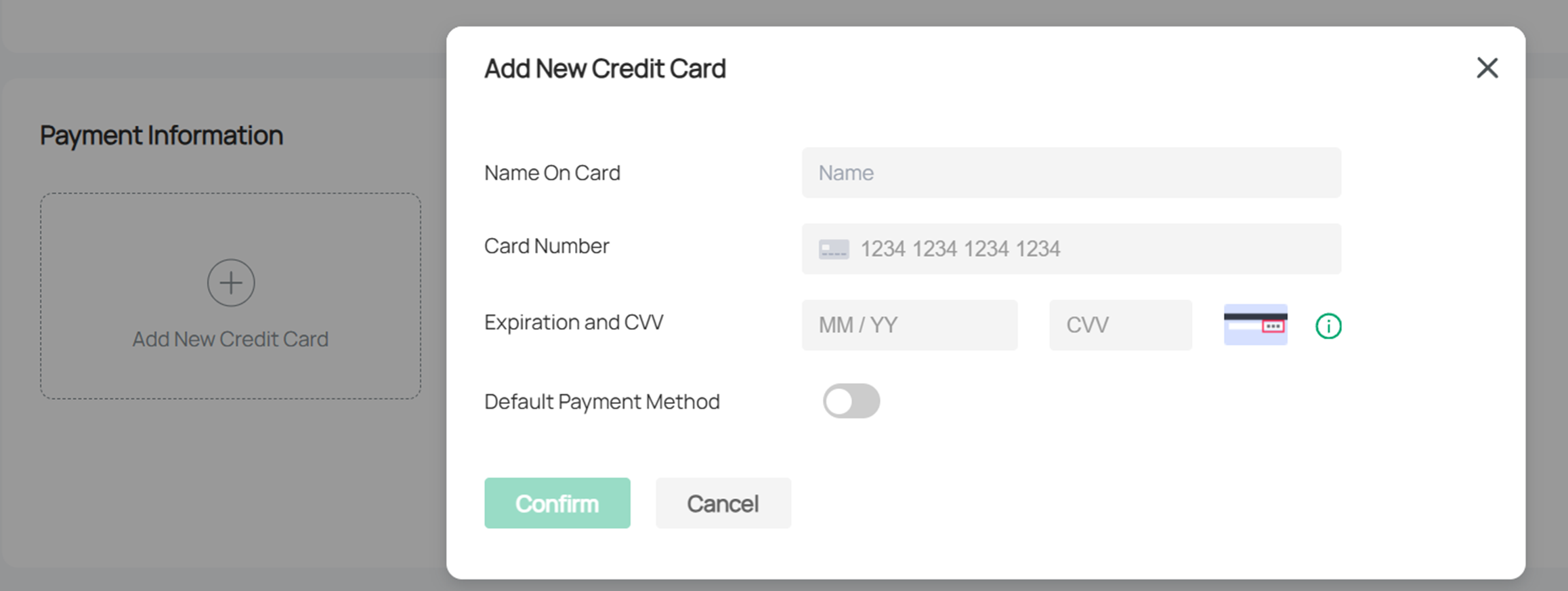 the interface to fill in credit card information